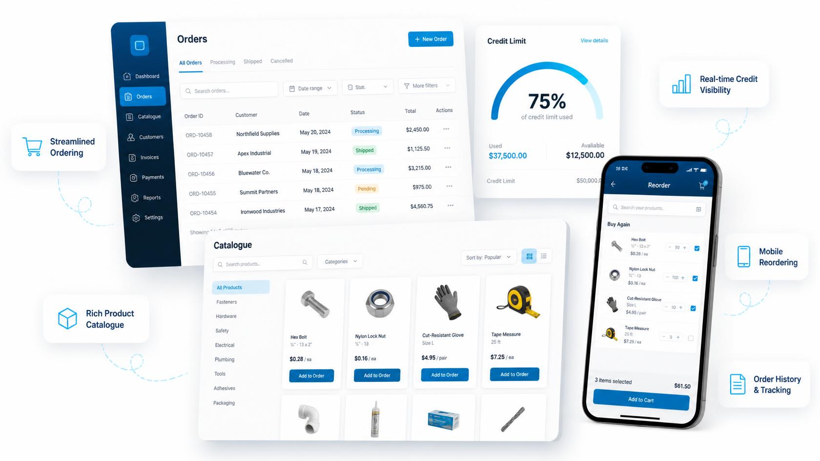 Concord dealer-ordering dashboard with credit limit and mobile reorder