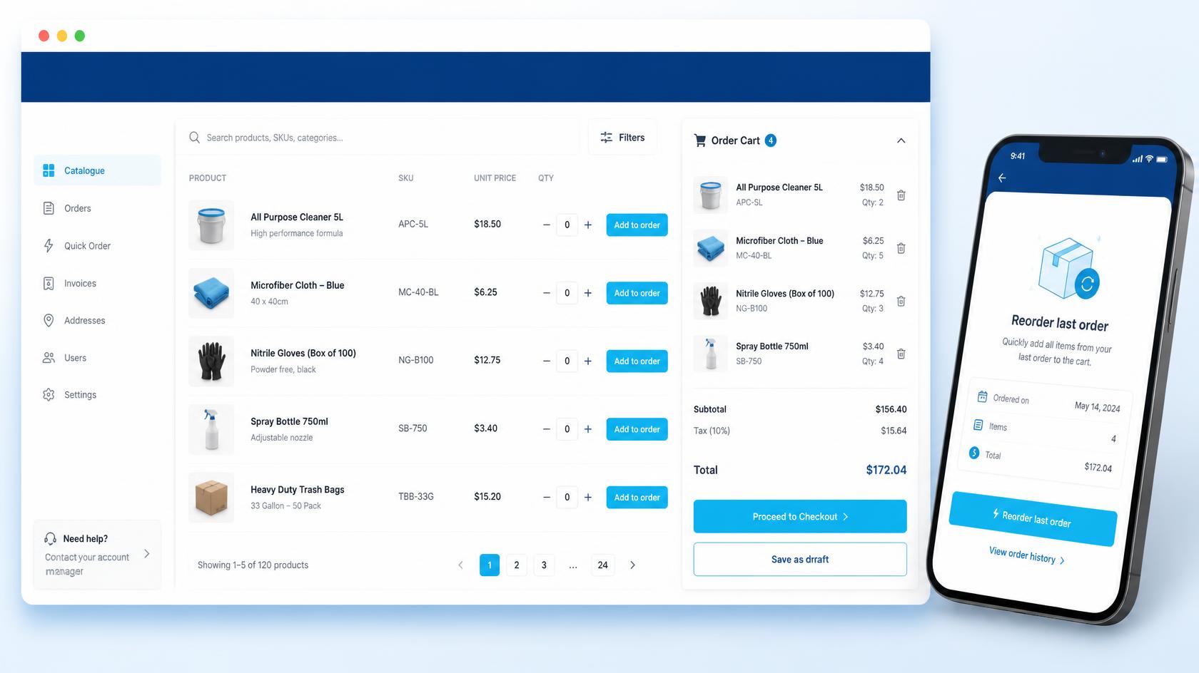 Concord self-service catalogue and order cart with mobile reorder