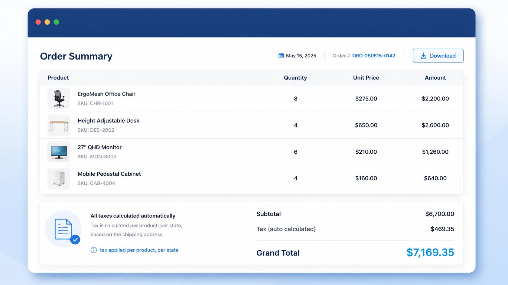 Concord order summary with tax applied per product and per state